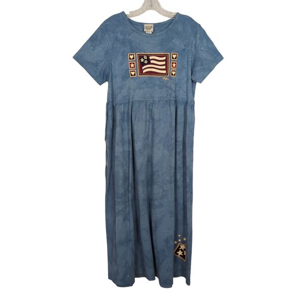 Cactus Bay Vintage light tie dye blue Maxi Dress Patriotic Flag Print Tie Back M - Picture 2 of 14